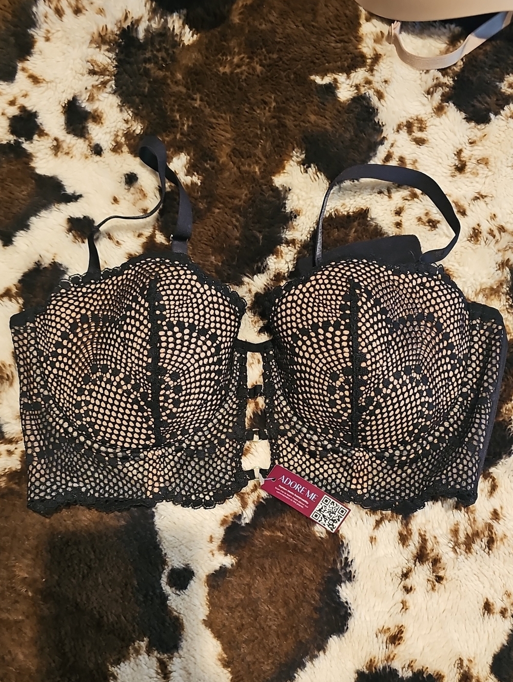 Adore Me Black Lace Overlay Bra with Nude Lining